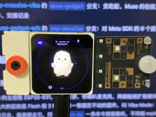 现在的样子：左槽插着摄像头模块，右槽是交互模块，屏幕上是 Muse 的待机画面